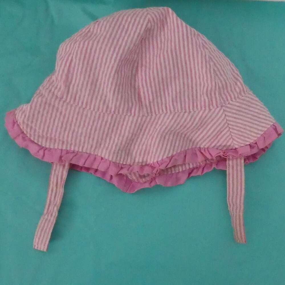 Unbranded | OS one size | Pink Striped Sun Hat | Ruffle Brim | Velcro Chin Strap